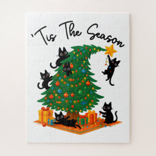Tis The Season Christmas Tree Cute Black Cat Jigsaw Puzzle