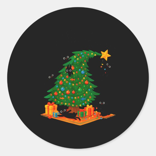 Tis The Season Christmas Tree Cute Black Cat Match Classic Round Sticker (Front)