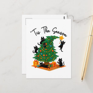 Tis The Season Christmas Tree Cute Black Cat Postcard