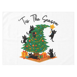 Tis The Season Christmas Tree Cute Black Cat Tablecloth