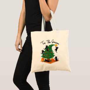 Tis The Season Christmas Tree Cute Black Cat Tote Bag