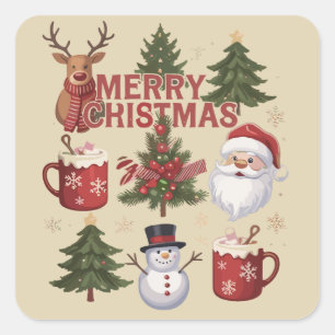 Tis The Season Christmas Tree Santa Latte Xmas Square Sticker