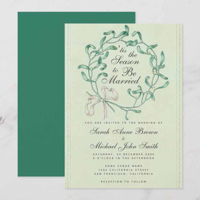 Tis the Season Christmas Wedding Mistletoe Wreath  Invitation (Front/Back)
