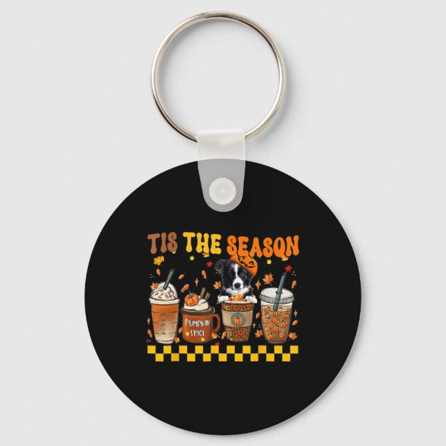 Tis' The Season Coffee Pumpkin Border Collie Hallo Key Ring (Front)