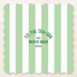 Tis The SeaSon Custom Beach Christmas Green Stripe Paper Coaster<br><div class="desc">The ’Tis The Sea-Son Custom Beach Christmas Green Stripe Paper Coaster brings a fun and festive touch to holiday gatherings by the shore. Featuring a cabana green stripe design with customisable beach name and year, these durable paper coasters protect surfaces while adding a personalised holiday accent. Perfect for Christmas on...</div>