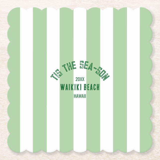 Tis The SeaSon Custom Beach Christmas Green Stripe Paper Coaster (Front)
