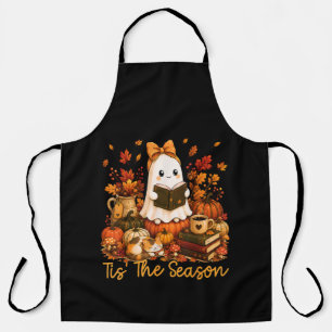 Tis The Season Cute Ghost Reading Book Autumn Apron