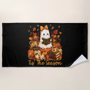 Tis The Season Cute Ghost Reading Book Autumn Beach Towel