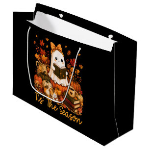 Tis The Season Cute Ghost Reading Book Autumn Large Gift Bag