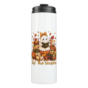 Tis The Season Cute Ghost Reading Book Autumn Thermal Tumbler
