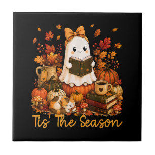Tis The Season Cute Ghost Reading Book Autumn Tile