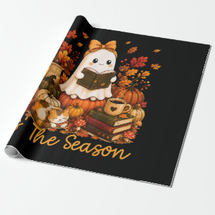 Tis The Season Cute Ghost Reading Book Autumn Wrapping Paper