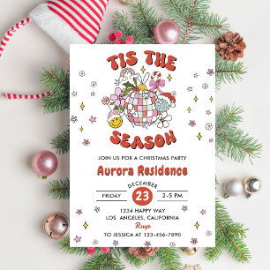 Tis The Season Cute Groovy Ball Christmas Party  Invitation