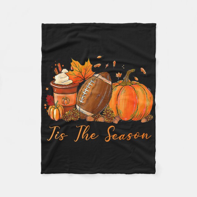 Tis The Season Fall Autumn Football Pumpkin Coffee Fleece Blanket (Front)