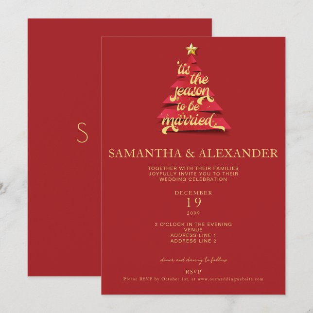 Tis The Season Festive Red Christmas Tree Wedding Invitation (Front/Back)