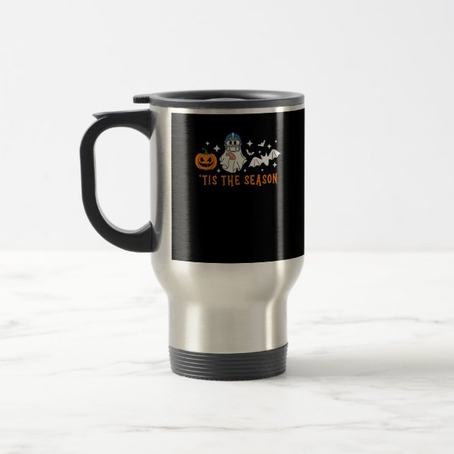 Tis The Season Football Halloween Spooky Pumpkin Travel Mug (Left)