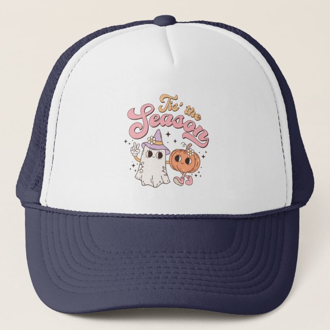 Tis The Season Funny Halloween Pumpkin and Ghost Trucker Hat (Front)
