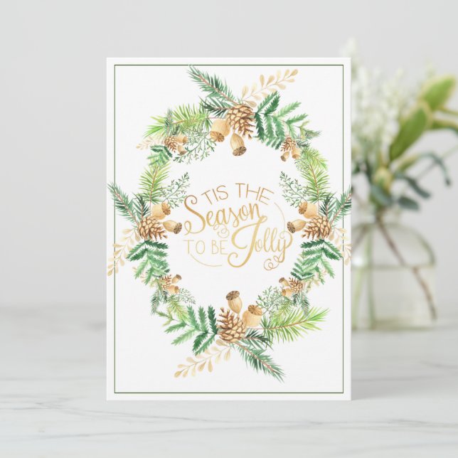 Tis the Season Gold Pine Holiday Christmas Card (Standing Front)