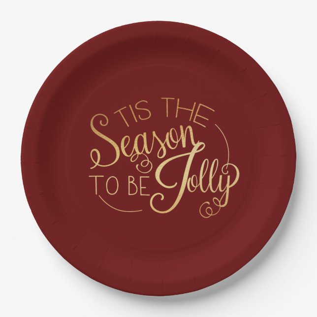 ‘‘Tis the Season” Gold Script Red Elegant Modern Paper Plate (Front)