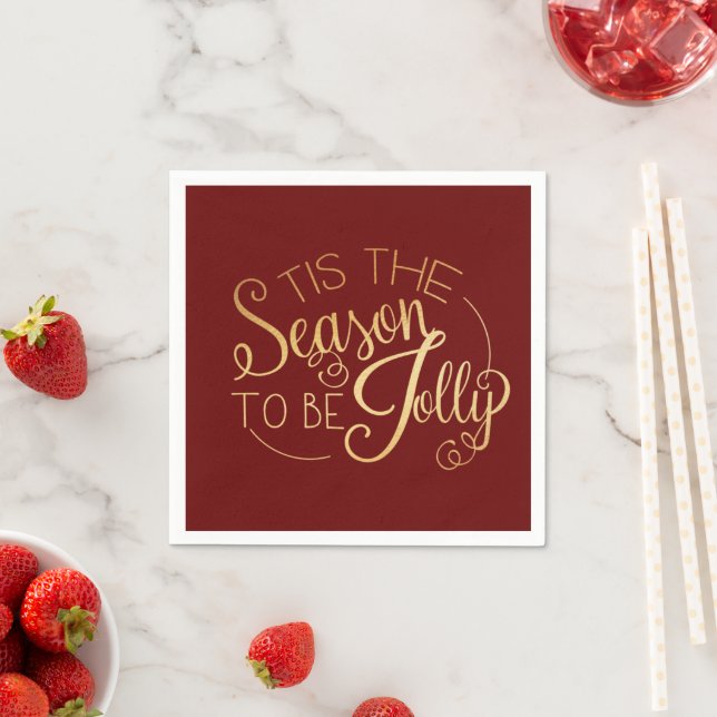 ‘‘Tis the Season” Gold Script Red Elegant Napkin (Insitu)