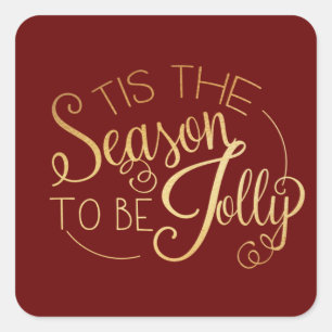 ‘‘Tis the Season” Gold Script Red Fancy Square Sticker