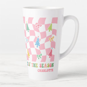 Tis The Season Groovy Pink Coquette Christmas Name Latte Mug