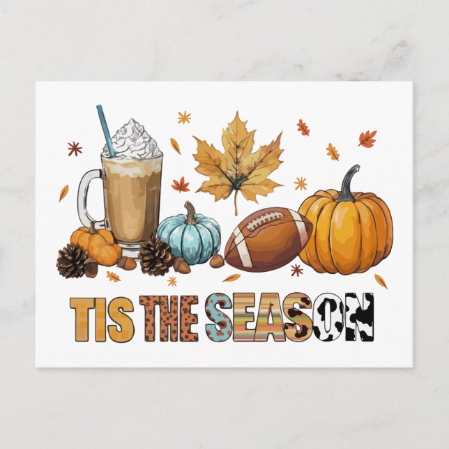 Tis the Season Herbstzeit mit Football und Kaffee Holiday Postcard (Front)