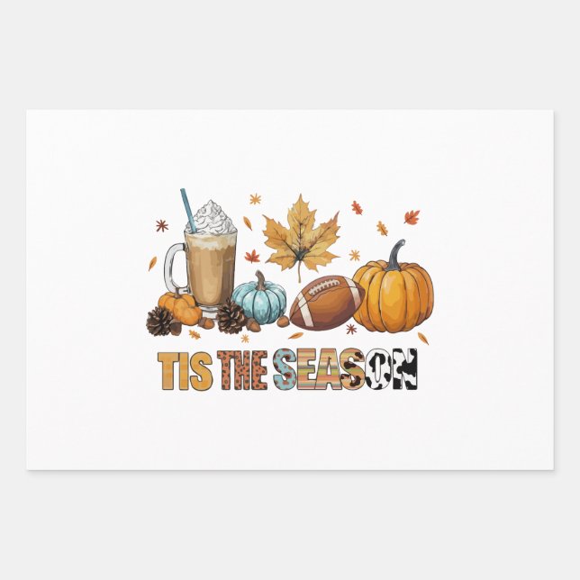 Tis the Season Herbstzeit mit Football und Kaffee Wrapping Paper Sheet (Front)