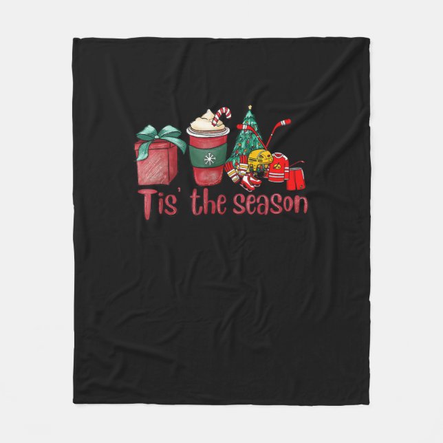 Tis The Season Hockey Christmas Coffee Santa Fleece Blanket (Front)