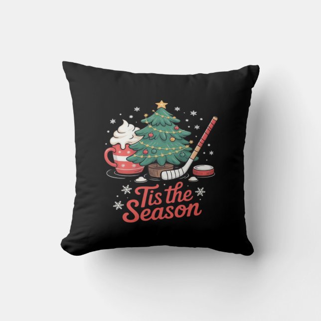 Tis The Season Hockey Coffee Tree Hockey Christmas Cushion (Front)