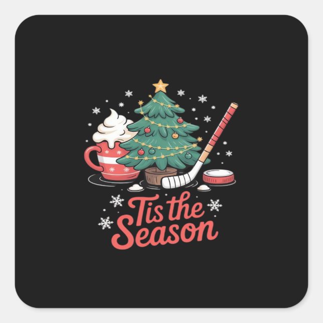 Tis The Season Hockey Coffee Tree Hockey Christmas Square Sticker (Front)