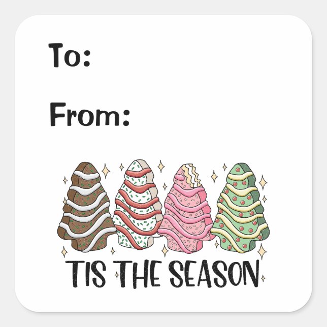Tis the Season Holiday Christmas Tree Cake Gift Square Sticker (Front)