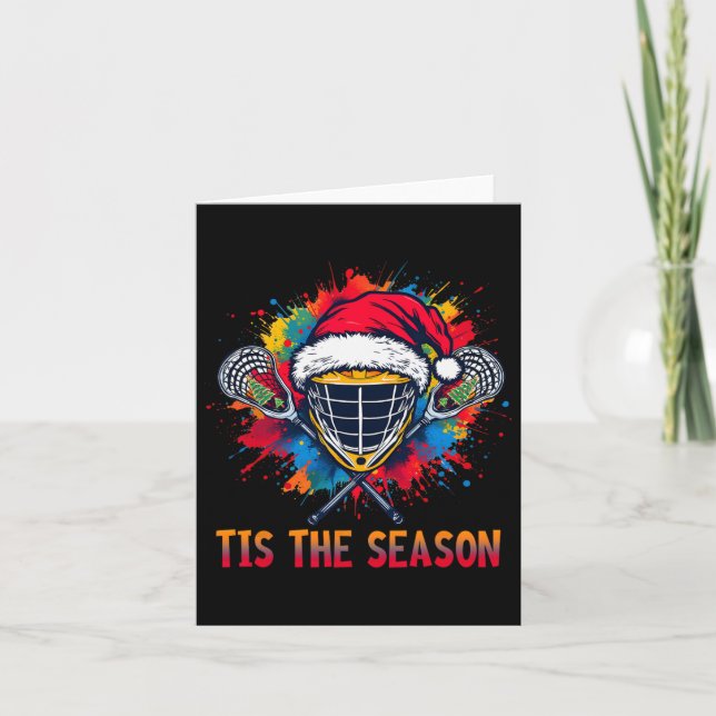 Tis The Season Lacrosse Mask Santa Hat Christmas S Card (Front)