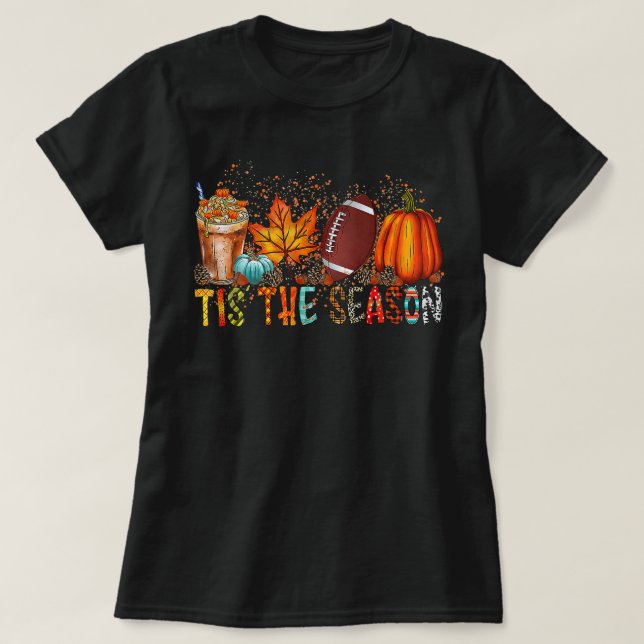 Tis' The Season Leopard Pumpkin Football Halloween T-Shirt (Design Front)