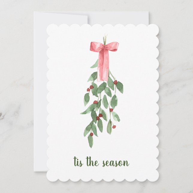 tis The season Mistletoe watercolor Christmas Holiday Card (Front)