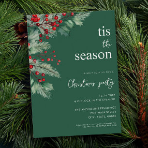 Tis The Season Modern Green Floral Christmas Party Invitation