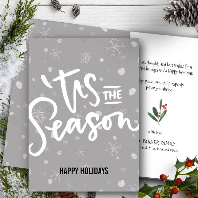 Tis The Season Modern Grey White Snowflakes Script Holiday Card (Creator Uploaded)