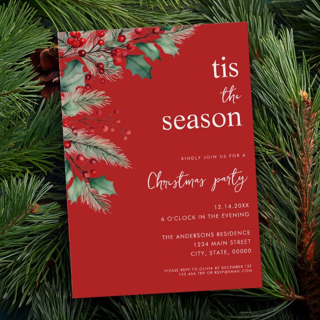 Tis The Season Modern Red Floral Christmas Party Invitation (Creator Uploaded)