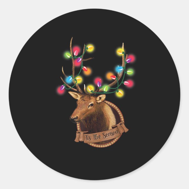 Tis The Season Mounted Reindeer With Christmas Lig Classic Round Sticker (Front)