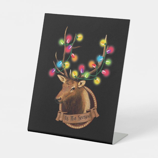 Tis The Season Mounted Reindeer With Christmas Lig Pedestal Sign (Front)