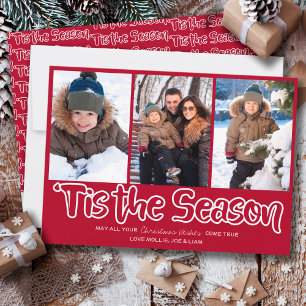 Tis the Season Outline Lettering 3 Vertical Photo  Holiday Card