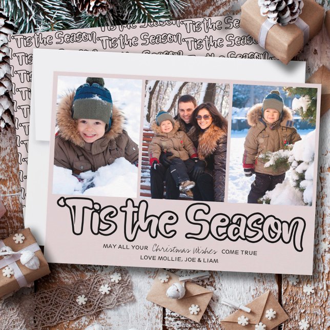 Tis the Season Outline Lettering 3 Vertical Photo  Holiday Card (Creator Uploaded)