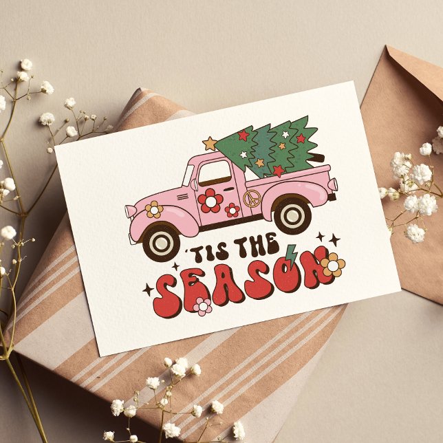 Tis The Season Pink Retro Illustrated Christmas Card (Tis The Season Non Photo Holiday Greeting Card Retro Pink Country Christmas Tree Pick Up Truck )