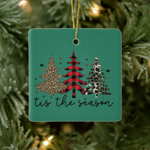 "Tis the Season" Plaid Leopard Christmas Trees Ceramic Ornament