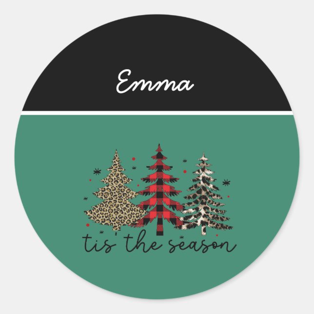 "Tis the Season" Plaid Leopard Christmas Trees Classic Round Sticker (Front)
