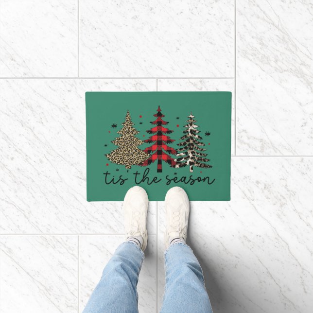 "Tis the Season" Plaid Leopard Christmas Trees Doormat (Indoor)