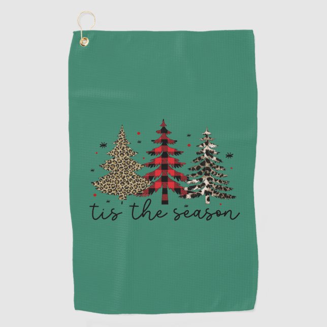 "Tis the Season" Plaid Leopard Christmas Trees Golf Towel (Front)