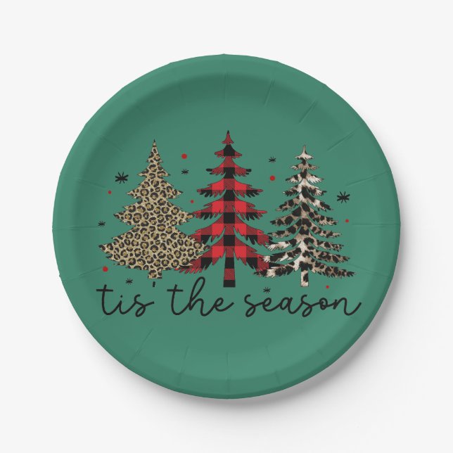 "Tis the Season" Plaid Leopard Christmas Trees Paper Plate (Front)