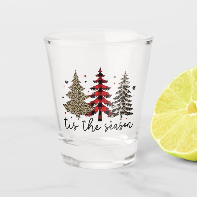 "Tis the Season" Plaid Leopard Christmas Trees Shot Glass (Front)