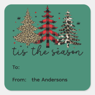 "Tis the Season" Plaid Leopard Christmas Trees Square Sticker